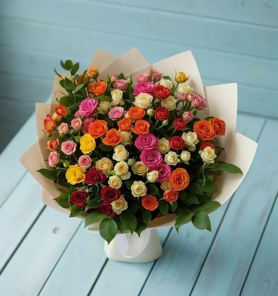 Букет Микс из разноцветных кустовых роз в Баймаке